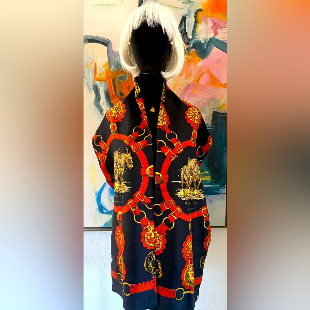 Hermès 100% Silk Scarf. Black/Red/Gold